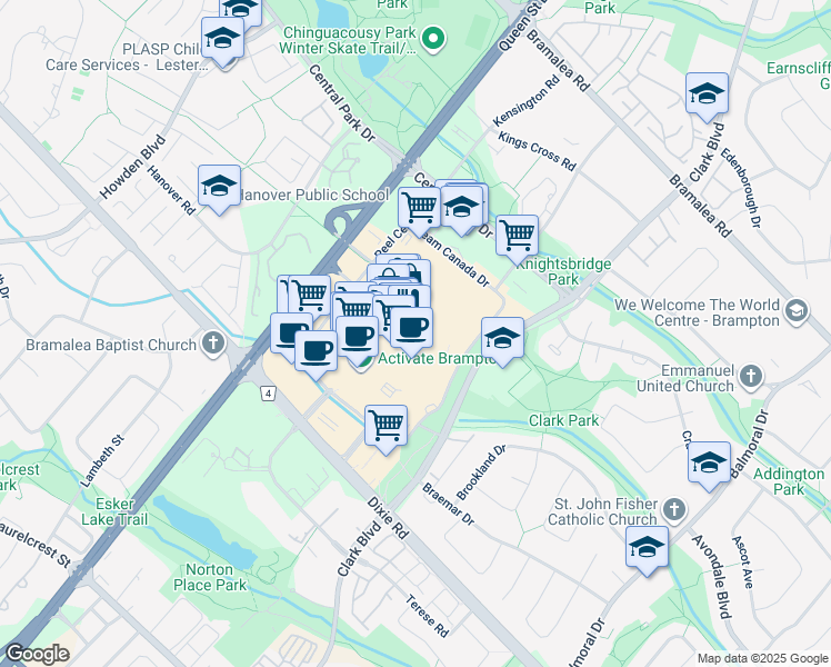 map of restaurants, bars, coffee shops, grocery stores, and more near 25 Peel Centre Drive in Brampton