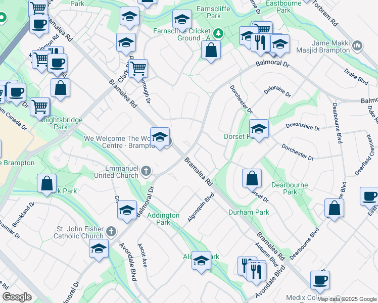 map of restaurants, bars, coffee shops, grocery stores, and more near 598 Balmoral Drive in Brampton