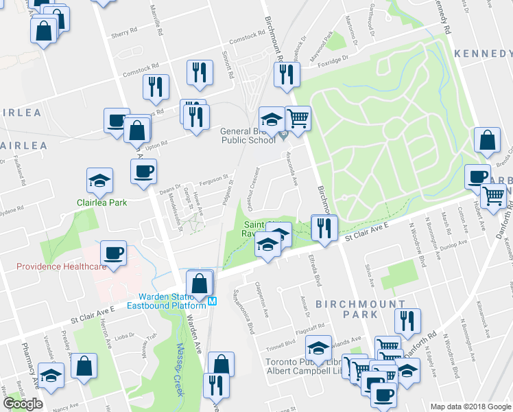 map of restaurants, bars, coffee shops, grocery stores, and more near 51 Chestnut Crescent in Toronto