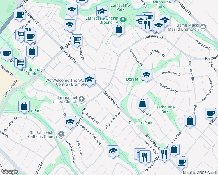 map of restaurants, bars, coffee shops, grocery stores, and more near 18 Darras Court in Brampton