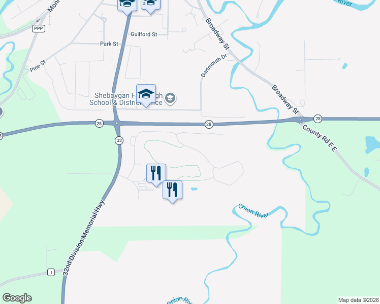 map of restaurants, bars, coffee shops, grocery stores, and more near 239 Settlers Trail in Sheboygan Falls