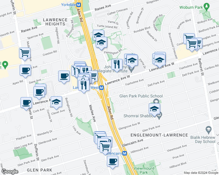 map of restaurants, bars, coffee shops, grocery stores, and more near 154 Fairholme Avenue in Toronto