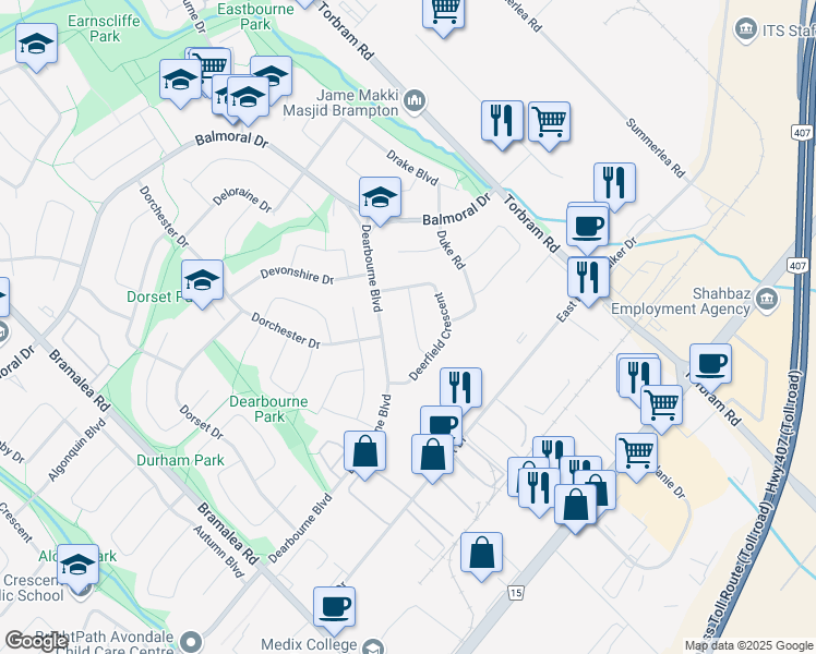 map of restaurants, bars, coffee shops, grocery stores, and more near 14 Dunster Crescent in Brampton
