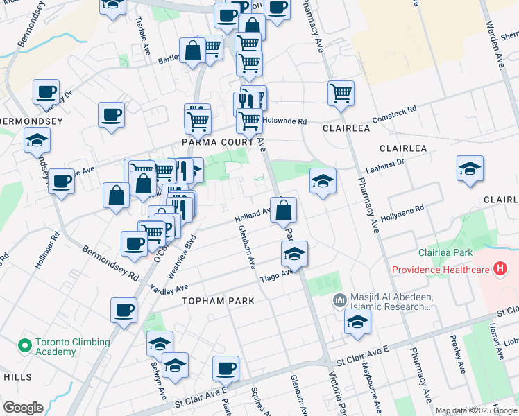 map of restaurants, bars, coffee shops, grocery stores, and more near 44 Holland Avenue in Toronto