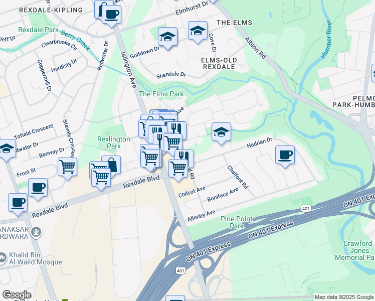 map of restaurants, bars, coffee shops, grocery stores, and more near 41 Burrard Road in Toronto