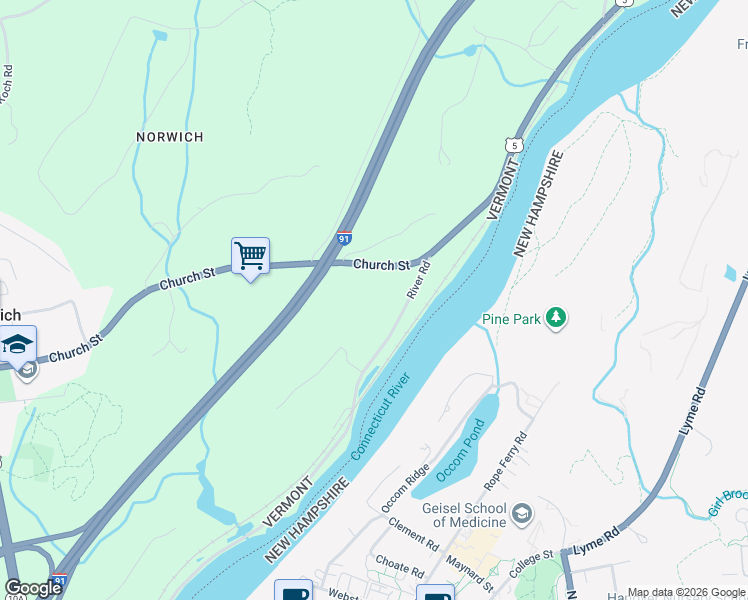 map of restaurants, bars, coffee shops, grocery stores, and more near 319 River Road in Norwich