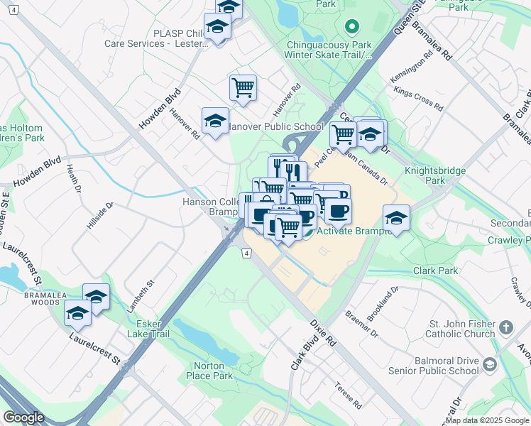 map of restaurants, bars, coffee shops, grocery stores, and more near 44 Peel Centre Drive in Brampton