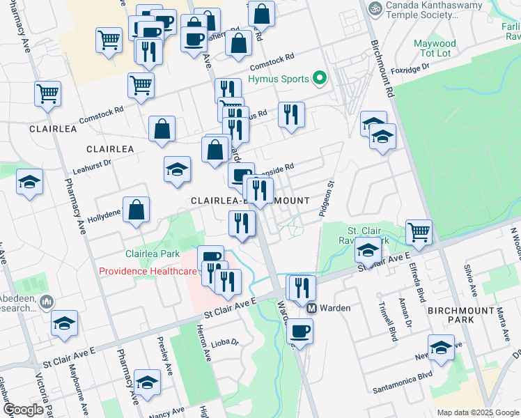 map of restaurants, bars, coffee shops, grocery stores, and more near 60 Mendelssohn Street in Toronto