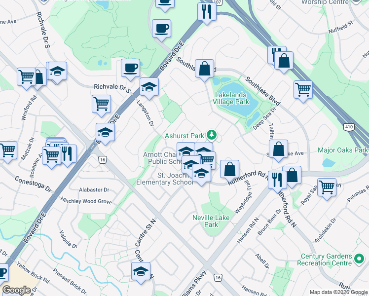 map of restaurants, bars, coffee shops, grocery stores, and more near 10 Rusthall Way in Brampton
