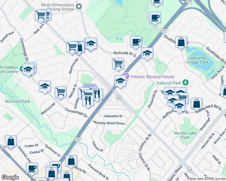 map of restaurants, bars, coffee shops, grocery stores, and more near Bovaird Dr E & Kennedy Rd N in Brampton