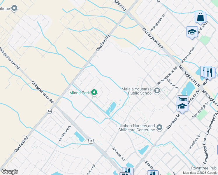 map of restaurants, bars, coffee shops, grocery stores, and more near 76 Mincing Trail in Brampton
