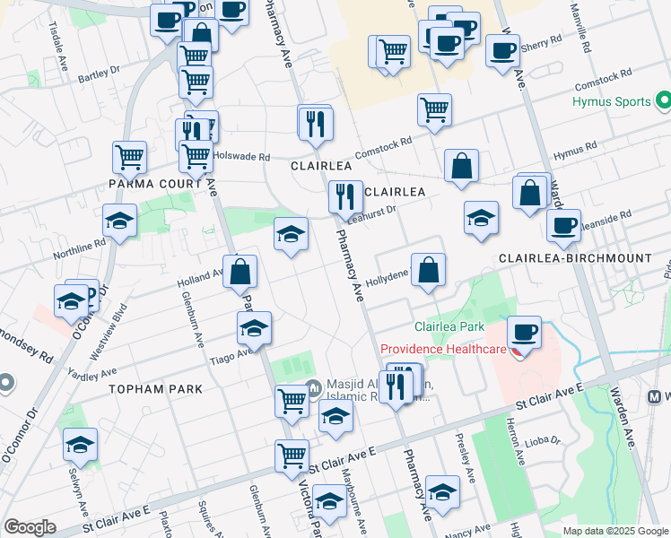 map of restaurants, bars, coffee shops, grocery stores, and more near 31 Knightsbridge Road in Toronto