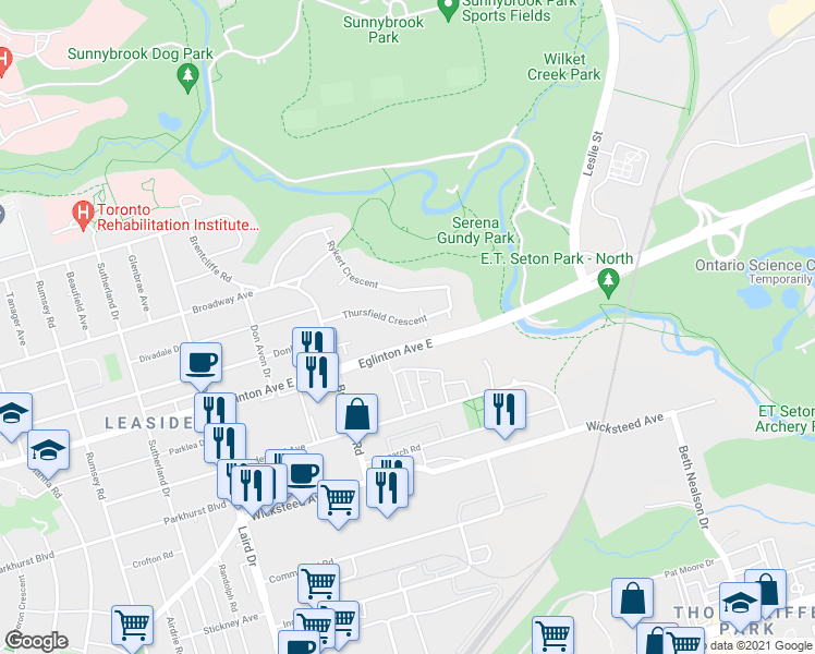 map of restaurants, bars, coffee shops, grocery stores, and more near 57 Thursfield Crescent in Toronto