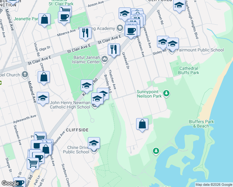 map of restaurants, bars, coffee shops, grocery stores, and more near 10 Thatcher Avenue in Toronto