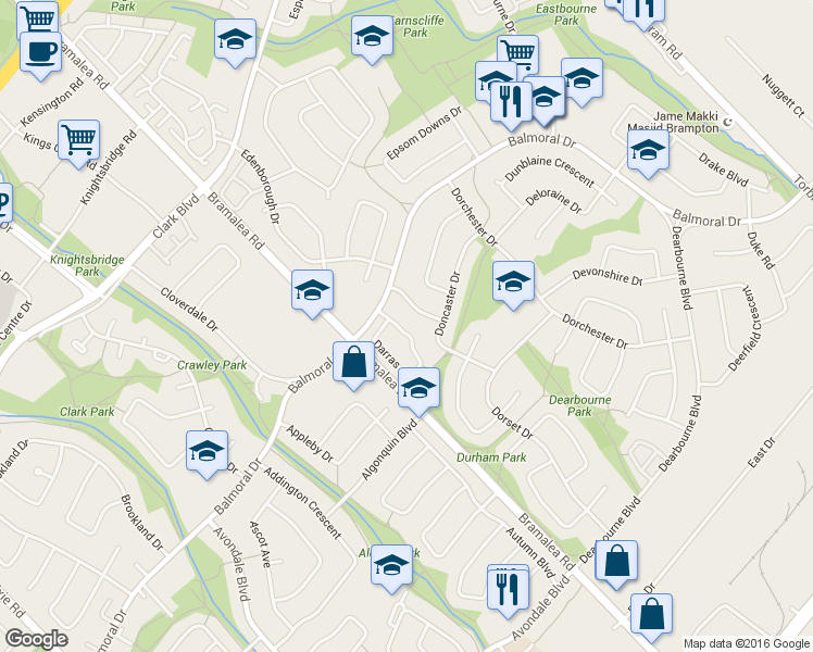 map of restaurants, bars, coffee shops, grocery stores, and more near 154 Darras Court in Brampton