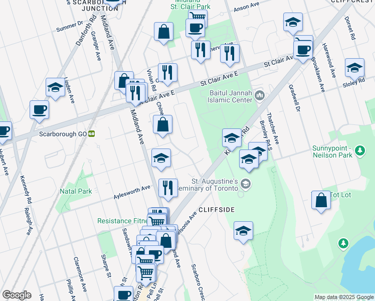 map of restaurants, bars, coffee shops, grocery stores, and more near 2 Montvale Drive in Toronto