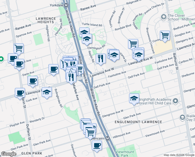 map of restaurants, bars, coffee shops, grocery stores, and more near 148 Fairholme Avenue in Toronto