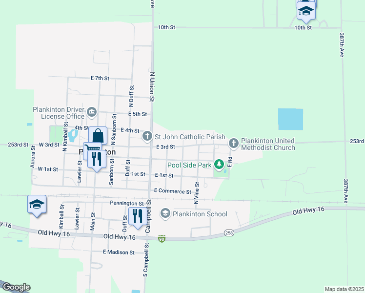 map of restaurants, bars, coffee shops, grocery stores, and more near 604 East 3rd Street in Plankinton