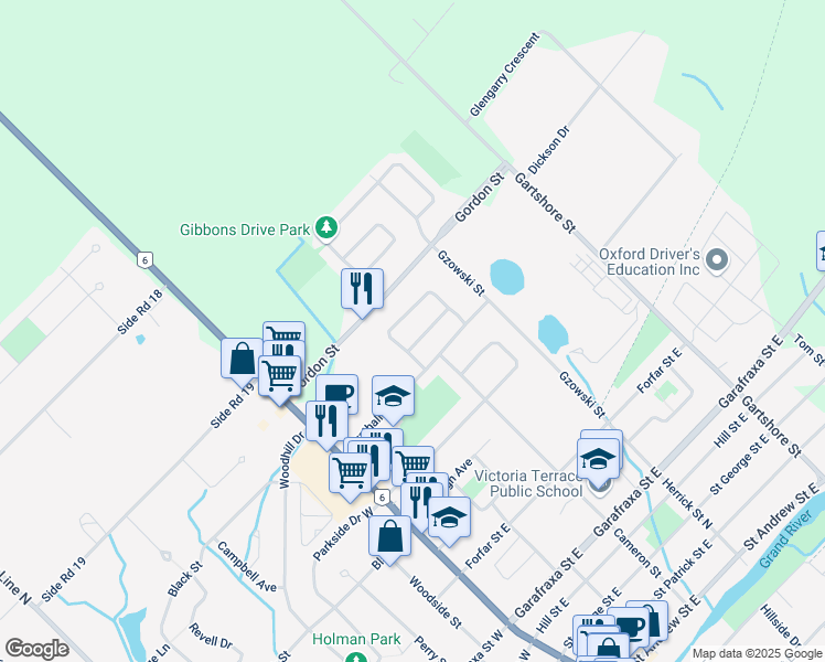 map of restaurants, bars, coffee shops, grocery stores, and more near 285 Stornoway Drive in Fergus