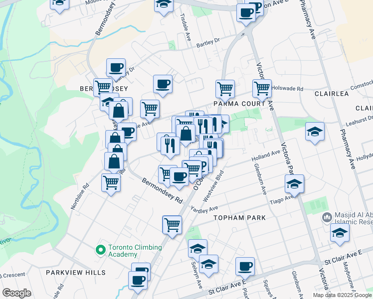 map of restaurants, bars, coffee shops, grocery stores, and more near 87 Northline Road in Toronto