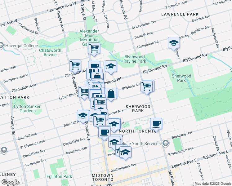 map of restaurants, bars, coffee shops, grocery stores, and more near 10 Stibbard Avenue in Toronto