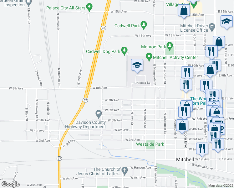 map of restaurants, bars, coffee shops, grocery stores, and more near 1011 West 8th Avenue in Mitchell