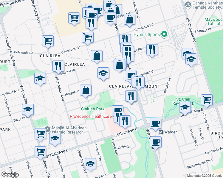 map of restaurants, bars, coffee shops, grocery stores, and more near 40 Fairfax Crescent in Toronto