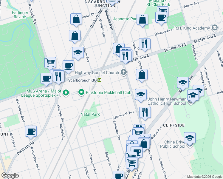 map of restaurants, bars, coffee shops, grocery stores, and more near 100 Atlee Avenue in Toronto