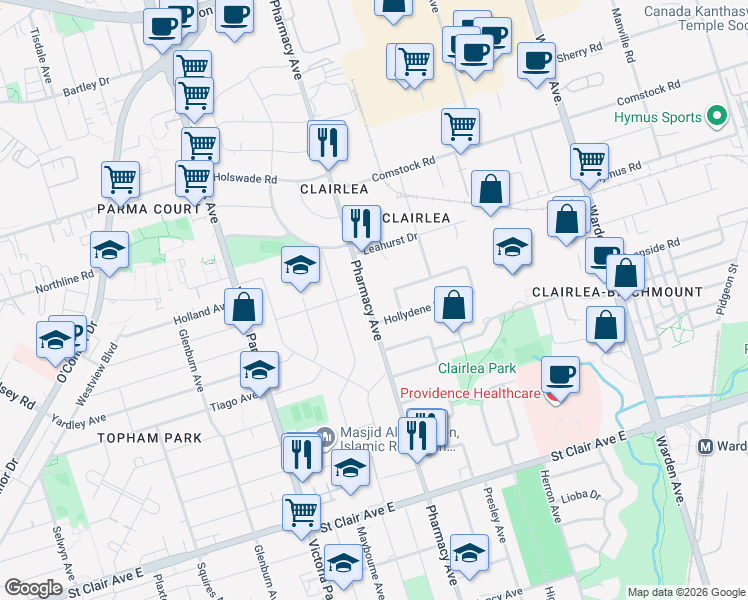 map of restaurants, bars, coffee shops, grocery stores, and more near in Toronto