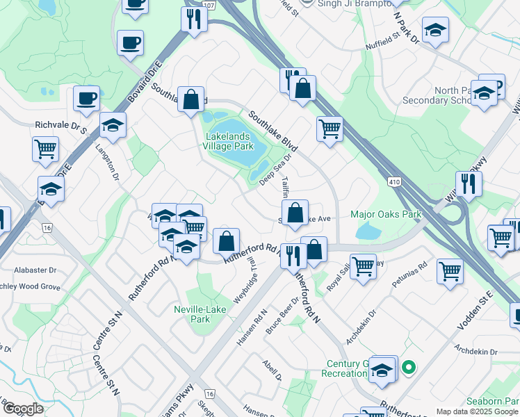 map of restaurants, bars, coffee shops, grocery stores, and more near 93 Stoneylake Avenue in Brampton