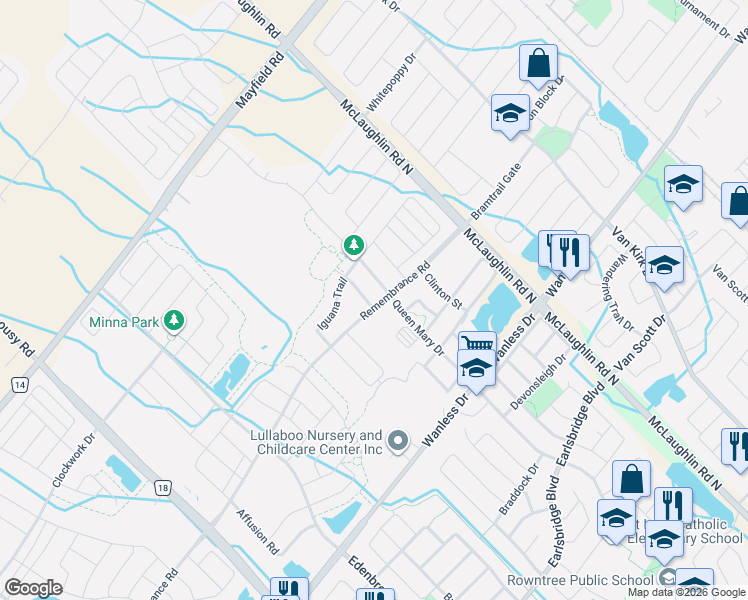 map of restaurants, bars, coffee shops, grocery stores, and more near 604 Remembrance Road in Brampton