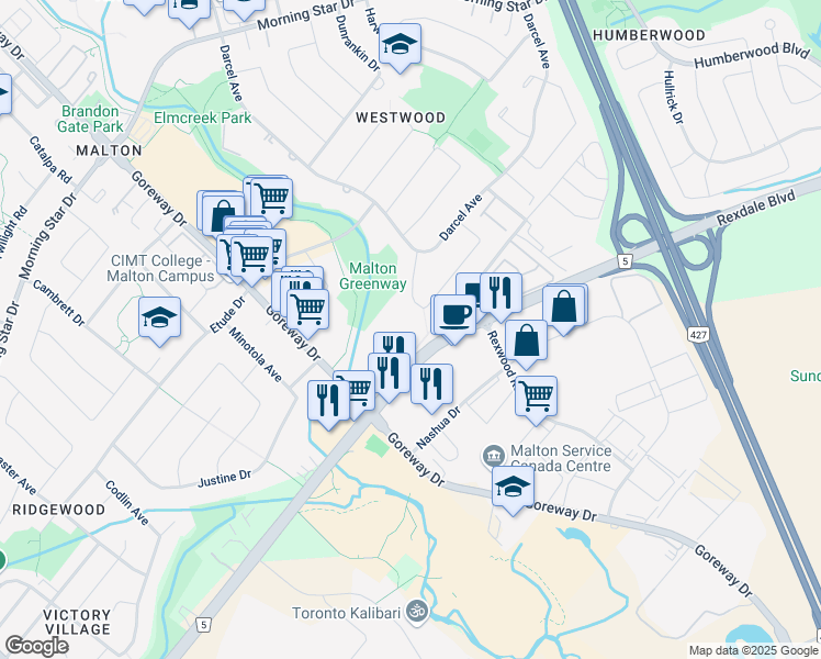 map of restaurants, bars, coffee shops, grocery stores, and more near in Mississauga