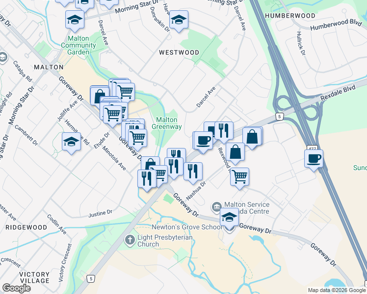 map of restaurants, bars, coffee shops, grocery stores, and more near 3577 Derry Road East in Mississauga