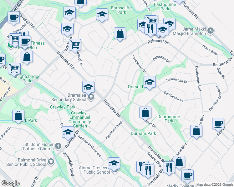 map of restaurants, bars, coffee shops, grocery stores, and more near 154 Darras Court in Brampton