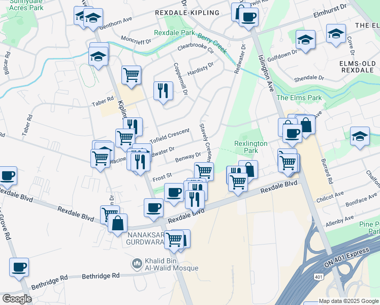 map of restaurants, bars, coffee shops, grocery stores, and more near 30 Benway Drive in Toronto