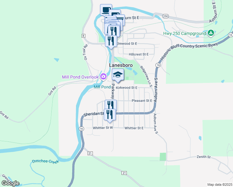 map of restaurants, bars, coffee shops, grocery stores, and more near 507 Parkway Avenue South in Lanesboro