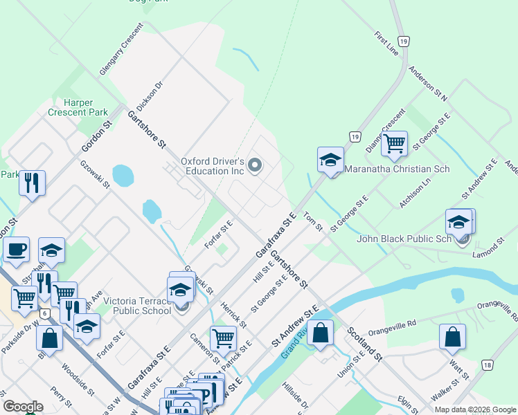 map of restaurants, bars, coffee shops, grocery stores, and more near 52 Findlay Way in Centre Wellington