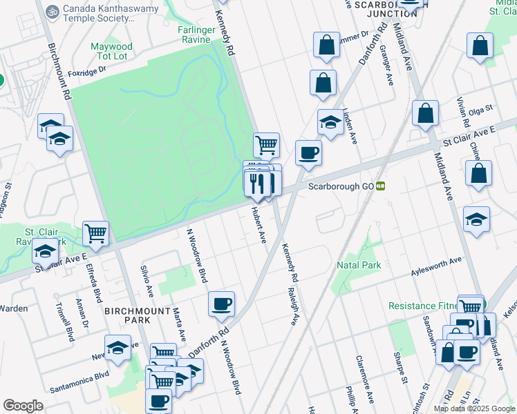 map of restaurants, bars, coffee shops, grocery stores, and more near 3537 Saint Clair Avenue East in Toronto