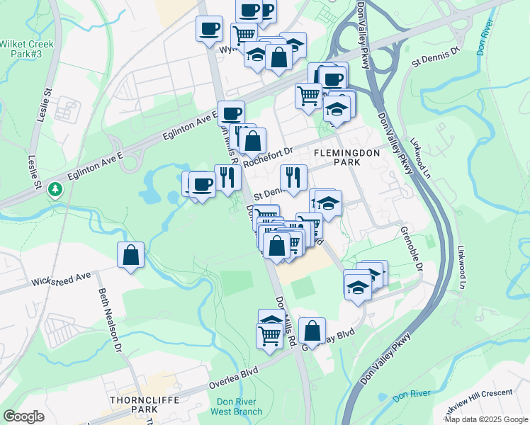 map of restaurants, bars, coffee shops, grocery stores, and more near 7 Saint Dennis Drive in Toronto