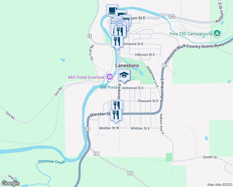 map of restaurants, bars, coffee shops, grocery stores, and more near 507 Parkway Avenue South in Lanesboro