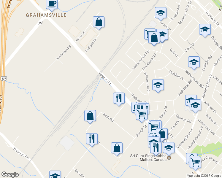 map of restaurants, bars, coffee shops, grocery stores, and more near 7636 Airport Road in Mississauga