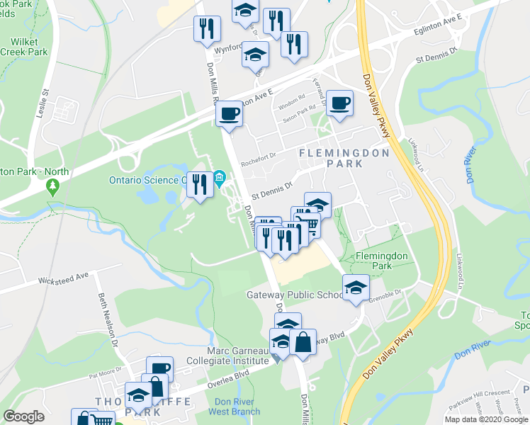 map of restaurants, bars, coffee shops, grocery stores, and more near in Toronto
