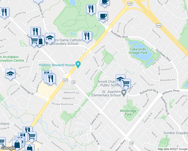map of restaurants, bars, coffee shops, grocery stores, and more near in Brampton