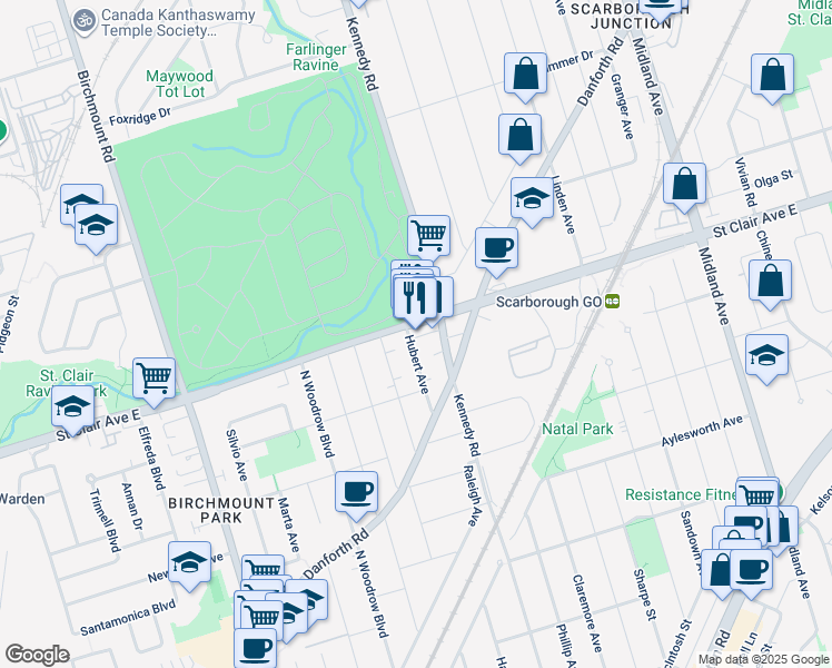 map of restaurants, bars, coffee shops, grocery stores, and more near 3537 Saint Clair Avenue East in Toronto