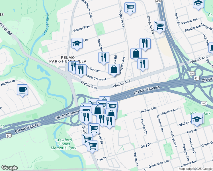 map of restaurants, bars, coffee shops, grocery stores, and more near 8 Walsh Avenue in Toronto