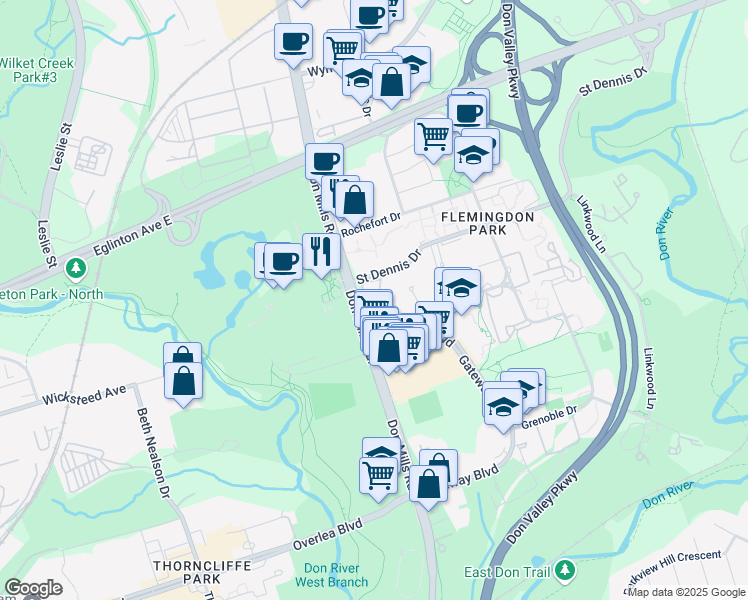 map of restaurants, bars, coffee shops, grocery stores, and more near 7 Saint Dennis Drive in Toronto