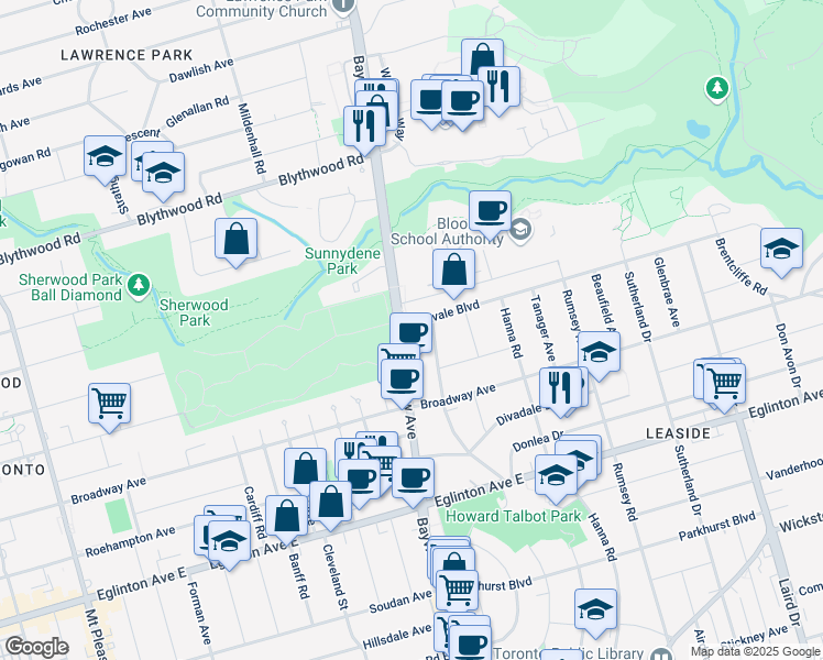 map of restaurants, bars, coffee shops, grocery stores, and more near 1911 Bayview Avenue in Toronto