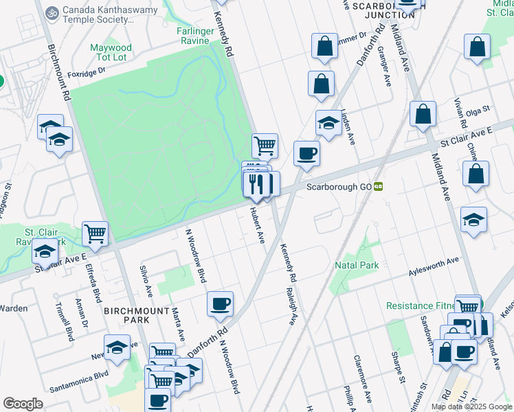 map of restaurants, bars, coffee shops, grocery stores, and more near 3537 Saint Clair Avenue East in Toronto