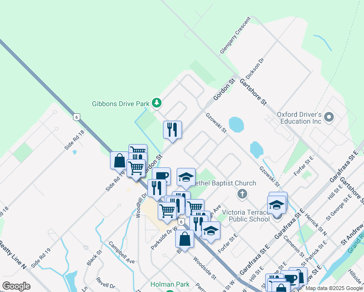 map of restaurants, bars, coffee shops, grocery stores, and more near 952 Kelsowood Lane in Fergus