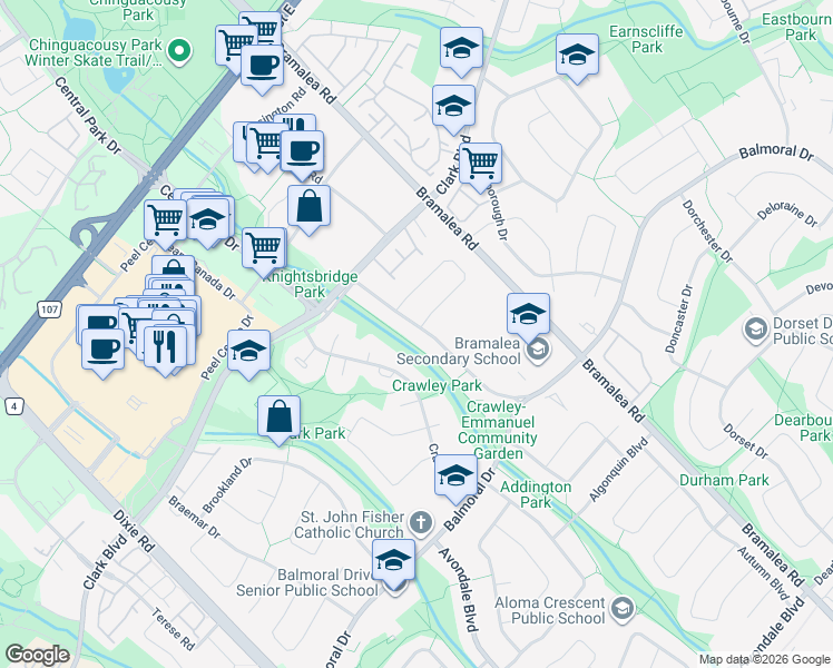 map of restaurants, bars, coffee shops, grocery stores, and more near 65 Cloverdale Drive in Brampton